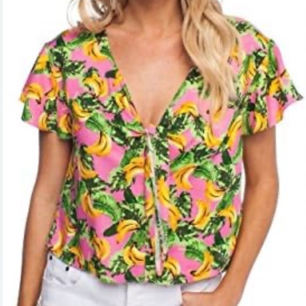 BuddyLove Banana Havana‎ Tie Front V-Neck Flutter Sleeve Button Up Top - Medium